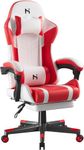 HLDIRECT Gaming Chair, Ergonomic Gaming Chairs for Adults, Video Game Chair with Footrest, Gamer Computer Chair with Highback Headrest and Lumbar Support, Swivel PU Leather Office Chair, White & Red