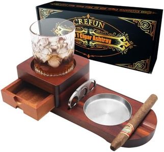 Wooden Cigar Ashtray Whiskey Coaster Set - Crefun CK2631 Detachable Ashtray Drawer, Cigar Cutter, 2 Cigar Holder, Cigar Accessories for Men, Gift for Cigar Enthusiasts, Compatible with Cigar Humidor
