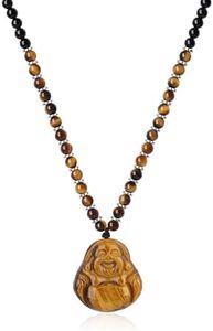 COAI Collar de Perlas para Hombre y Mujer, Collar de Piedras Naturales con Colgante de Buda, Collar de Perlas de Ónix Negro y Ojo de Tigre para Hombre y Mujer