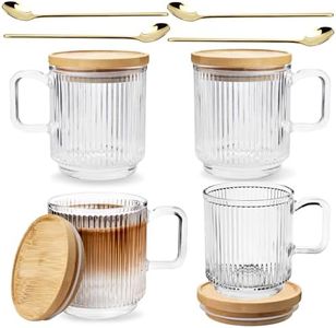 [4 PACK, 12 OZ]DESIGN•MASTER Premium Vertical Stripes Glass Coffee Mugs with Spoons, Transparent Tea Glasses for Hot/Cold Beverages, Perfect Design for Americano, Cappuccino, Latte and Beverage.