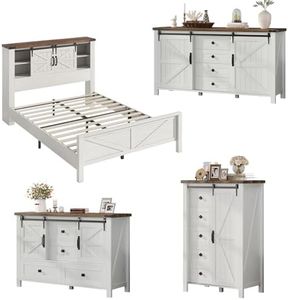 AMERLIFE 4-Piece Farmhouse Bedroom Set in Distressed White, Full Size Bed Frame with Bookcase Headboard, 5-Drawer Tall Dresser, 47'' Dresser with 4 Drawers, 60" Dresser with 4 Drawers
