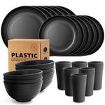 Teivio 24-Piece Kitchen Plastic Dinner Set, Service for 6, Dinner Plates, Dessert Plates, Cereal Bowls, Cups, Unbreakable Plastic Plates and Bowls Set, Outdoor Camping Dishes, Black