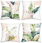 Bonhause Green and Pink Leaves Cushion Covers 40 x 40 cm Tropical Leaf Decorative Throw Pillow Covers Soft Velvet Pillowcases for Sofa Patio Garden Decor Set of 4