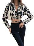 SweatyRocks Women's Tie Dye Long Sleeve Button Up Crop Blouse Criss Cross Tie Back Shirt, Black, Large