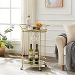 RiteSune Kitchen Trolley, Round Drinks Serving Trolley Mirror Shelves, 2 Tier Bar Kitchen Cart with Lockable Casters, 58x80.5cm Gold Wine Holder