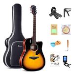 Rosen Acoustic Guitar 41 Inches 4/4 Solid Top Dreadnought Spruce Guitar Beginner Bundle with Book, Padded Bag, Strings, Picks, Tuner, Hexwrench, Strap, Polishing Cloth, Sunburst