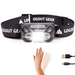 Logout Gear LED Camping Headlamp USB Rechargeable Headlight 30 Hours Long Runtime, Motion Sensor, Adjustable Headband for Adult, Kids Size, Great for Outdoor Adventure (Black)