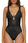 BECCA Womens Color Play One Piece Swimsuit, Plunge Neck, Crochet, Bathing Suits for Women, Black (B), X-Large