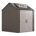 Rubbermaid Large Resin Outdoor Storage Shed with Floor (7 x 7 Ft.), Weather Resistant, Brown, Organization for Home/Lawn Mower/Backyard Equipment/Bike Storage/Pool Supplies