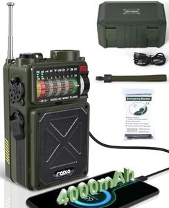 Emgykit R11 Emergency Crank Radio - 4000mAh/14800mWh NOAA/SW/AM/FM, Solar/Hand Crank/USB Charging, Bluetooth Receiver/USB/TF Playback,with Compass,Flashlight,SOS for Camping & Emergencies - Green
