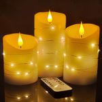 Jialine LED Candles with Embedded Fairy String Lights Battery Operated,Flickering flameless Candles with 10 Key Remote Control and 24-Hour Timer, 4" 5" 6" Real Wax, Ivory White