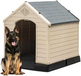 DWVO Large Plastic Dog House, Weatherproof Outdoor/Indoor Doghouse, Puppy Kennel with Air Vents and Elevated Floor, 41.3''L*38''W*38.8''H, Gray + Brown