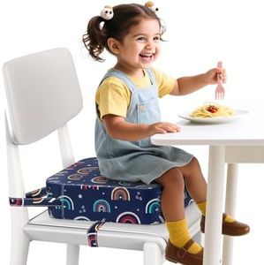 Toddler Booster Seat for Dining Table and Kitchen Chair – Adjustable Safety Straps, PU Leather, Non-Slip, Easy to Clean, Portable Travel Foam Booster Cushion for Kids & Toddlers (Blue-Rainbow)