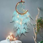 Dremisland Moon Dream Catcher with LED Fairy Lights-Handmade Feather Turquoise Pendant Beads Wall Hanging for Kids Bedroom Home Decoration,Art Ornament Craft Gift (Light Blue)