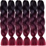 Jumbo Braiding Hair Extensions- Ombre Black and Burgundy Jumbo Braid Hair 6pcs/pack Long 24Inch Jumbo Braiding Hair Extension Synthetic for Women DIY Braiding and Wigs 100g/pc