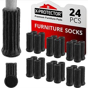 Chair Leg Socks X-Protector – 24 PCS Furniture Socks – Chair Covers for Legs 25-50 mm - Chair Leg Floor Protectors – Black Hardwood Floor Protectors – Knitted Chair Feet Socks – Shape Doesn't Matter!