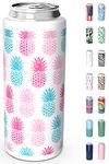 TILUCK Skinny Can Cooler for Slim Beer & Hard Seltzer, Stainless Steel, Doucle-Walled Stainless Steel Insulated Slim Cans, Standard 12 oz (Pineapple 01)