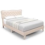 COSTWAY 4FT6/5FT Bed Frame, Double/King Size Upholstered Platform Bed Frame with Button Tufted Headboard, Wooden Slat Support Bedstead Base Mattress Foundation, No Box Spring Needed (5FT King)