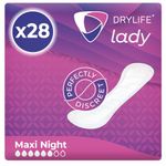 Drylife Lady Maxi Night Premium Thin Incontinence Pads for Bladder Weakness | Ultra Dry Technology, Anti-Leak Barriers & Active Odour Lock for Women (1 Pack of 28)