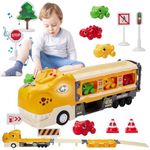 Dinosaur Truck Toys with 6 Dino Cars & 12 Road Signs，Foldable Track & 2 Player Race Mode,Light & Sound Transport Carrier，Toddler Car Toys for 2 3 4 5 6 7 Kids Boys Girls (Yellow)