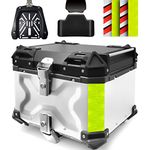 VOKKA Motorcycle Top Box, 45L Aluminum Waterproof Top Box for Motorcycle for Storage Helmet Luggage Box with Security Lock Motorbike Top Case, with Back Rests and Base Plate (Silver)