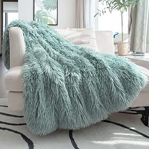 JONIYEAR Decorative 2.8" Long Hair Soft Fuzzy Faux Fur Throw Blanket 50" x 60", Luxury Reversible Fluffy Blanket for Couch Sofa Chair,Lightweight Accent Cozy Plush Thick Warm Shaggy Furry Blanket,Aqua