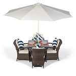 Arizona Luxury Rattan Dining Set | Square 4 Seater Brown Rattan Dining Set | Outdoor Poly Rattan Garden Table & Chairs Set | Patio Conservatory Wicker Garden Dining Furniture with Parasol & Cover