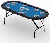GarveeLife 8 Player Foldable Poker Table, 71 in Portable Folding Poker Game Tables with Collapsible Legs, Cup Holders, Casino Grade Felt Surface, Oval Card Game Poker Table for Game Room, Blue