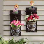 TIED RIBBONS Wood Wall Shelf with Vase and Artificial Flowers (11.99 cm x 0.99 cm x 37.01 cm, Set of 2), Multicolor