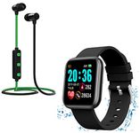 TechKing (LAST DAY DEAL:12 YEARS WARRANTY) Waterproof Smart Watch D20 Touch Men Women Fitness Tracker Blood Pressure Heart Rate Monitor for Girls & Boys with K1 Wireless Bluetooth Headset Hand-Free Calling, Sweatproof-BLACK