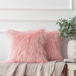 Ashler Pink Faux Fur Pillow Covers, 18X18 Fluffy Fuzzy Throw Pillows Pack of 2, Luxurious Shaggy Cushion Covers for Bedroom, Living Room