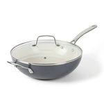 Martha Stewart Lockton 12" Essential Multipurpose Heavy Gauge Aluminum Frypan/Wok Pan w/PFA Free Premium Ceramic Nonstick Interior- Grey