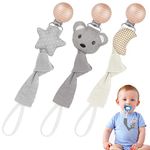 Vicloon 3 Pcs Baby Dummy Clips, Dummy Clip Boys Girls, Wooden Dummy Clips for Baby, Soother Pacifier Chain Holder Clips, Baby Dummy Chain for Teether Toy or Soothie