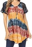 Sakkas 16786 - Monet Long Tall Tie Dye Ombre Embroidered Cap Sleeve Blouse Shirt Top - Grey/Coral - OSP