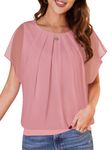 WANGZHI Women's Comfortable Fashionable Casual Short Sleeve Front Pleated Chiffon Top T-Shirt Loose Blouse (Dark Pink-XL)