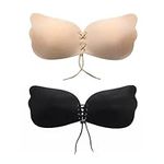 SUWAIS FASHION Sticky Bra Strapless, Backless & Reusable Silicone Adhesive Bra Sticky Push-Up Bra Sticky Padded Bra 2 Pairs (CA/US, Cup Band, C, Black and Beige)