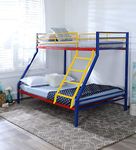 Royal Interiors Mia Queen + Single Twin Over Twin Metal Bunk Beds for Kids/Adults | Double Decker Bed for Kids Room Furniture | Frame Only, Mattress Not Included (Red, Blue & Yellow) Glossy