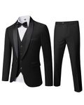 YND Men's 3 Piece Slim Fit Tuxedo Set, One Button Shawl Collar Solid Jacket Vest Pants with Bow Tie, Black, Large