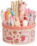 Desk Pencil Pen Holder with Stickers 6 Slots 360 Degree Rotating Desk Organizer office organizer for Office School Home Art Supply Pink (Pink)