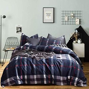 Wellboo Navy Plaid Bedding Covers Cotton Blue Men Tartan Grid Duvet Cover Queen Women Adults Dark Color Buffalo Checkered Comforter Cover Full Boys Scottish Grid Quilt Cover Farmhouse Bed Soft Durable