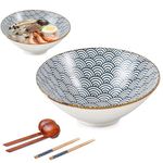 WEUNUM Ceramic Ramen Bowl Set of 2, 60 oz Large Japanese Udon Soba Pho Asian Soup Noodle Bowls with Chopsticks and Spoons (Blue)