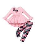 puseky Toddler Baby Girl Clothes 3-4 Years Infant Girl Ruffle Outfits Bowknot Solid Shirt Top and Floral Pant Clothing Sets Pink