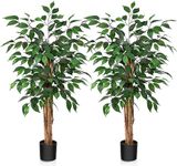 SOGUYI 3ft Ficus Artificial Trees with Realistic Leaves and Natural Trunk, Silk Fake Ficus Tree with Plastic Nursery Pot, Faux Ficus Tree for Office Home Farmhouse for Indoor Outdoor Decor(Set of 2)