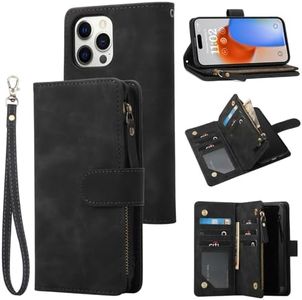 RANYOK Wallet Case for iPhone 15 Pro Max with Card Holder, Premium PU Leather with RFID Blocking Zipper Flip Folio Wallet Wrist Strap Magnetic Clasp Kickstand Protective Case -6.7 Inch (Black)