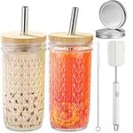 CJWLKJ 2 Pcs Glass Tumbler Cups with Bamboo Lids and Straws, 24oz Boba Bubble Tea Cups with 2 Airtight Lids Iced Coffee Cup, Reusable Diamond Mason Jar Drinking Glasses for Smoothie, Juice, Gift