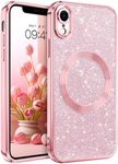 DOMAVER for iPhone XR Case, Phone Case for iPhone XR Magnetic [Compatible with MagSafe] Luxury Clear Glitter Shockproof Protective Cover Full Camera Lens Protector Women Girls- Pink