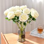 Avoik 12pcs Rose Artificial Flowers Bouquet Fake Silk Flower Roses with Stem Realistic Rose Faux Flowers for Wedding Party Valentine's Day Home Decor Table Decoration (White)