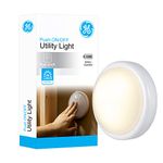GE Round Tap Light, Battery Operated, White, Push On/Off, Wireless, Portable and Convenient, Perfect for Under Cabinets, Closet, Attic, Nightstand, Nursery, Bathroom, Hallway, 54807