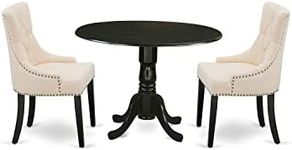 East West Furniture DLFR3-BLK-02 Modern Dinette Set - 2 Dining Chairs with Light Beige Linen Fabric Seat and Button Tufted Back - Solid Wood Drop Leaves Pedestal Dining Table (Black Finish)