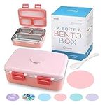 KINSHO Stainless Steel Lunch Box for Baby Toddler Girls, Mini Bento, 3 Eco Metal Portion Sections Leakproof Lid, Pre-School Daycare Lunches, Toddlers Kids Spill-Proof Snack Container, Pink